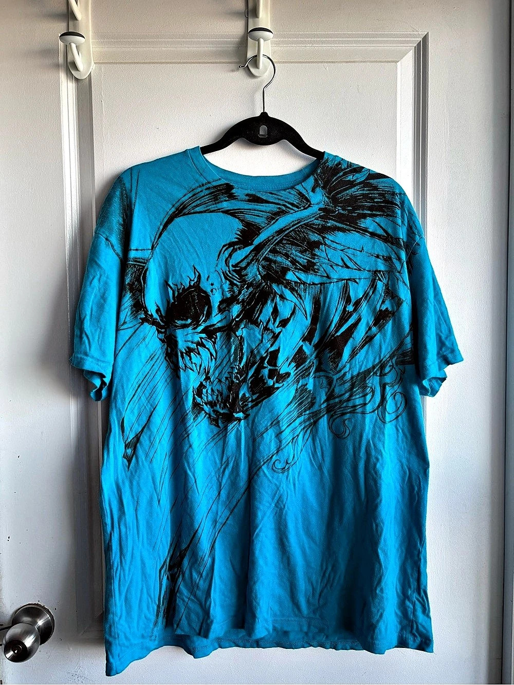 Vintage Y2K Apostasy Graphic Short Sleeve Tee in Blue Size XL